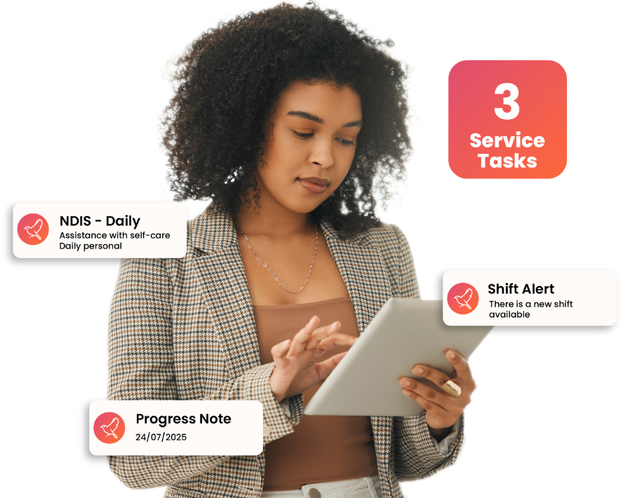 Nightingale software features image of a lady with curly hair and a business jacket on an ipad with pop ups from the software swirling around her