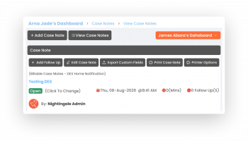 Nightingale Client Management Software section with white background and grey tabs showing the platform interface
